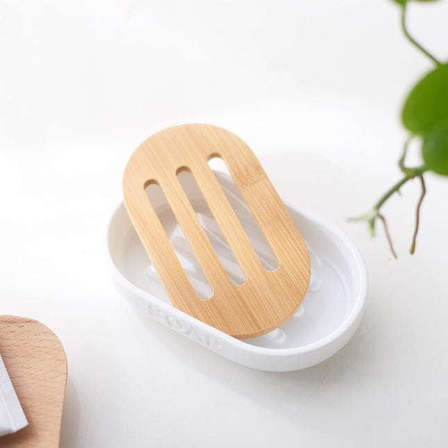 Hvid sæbeholder med bambus indsats