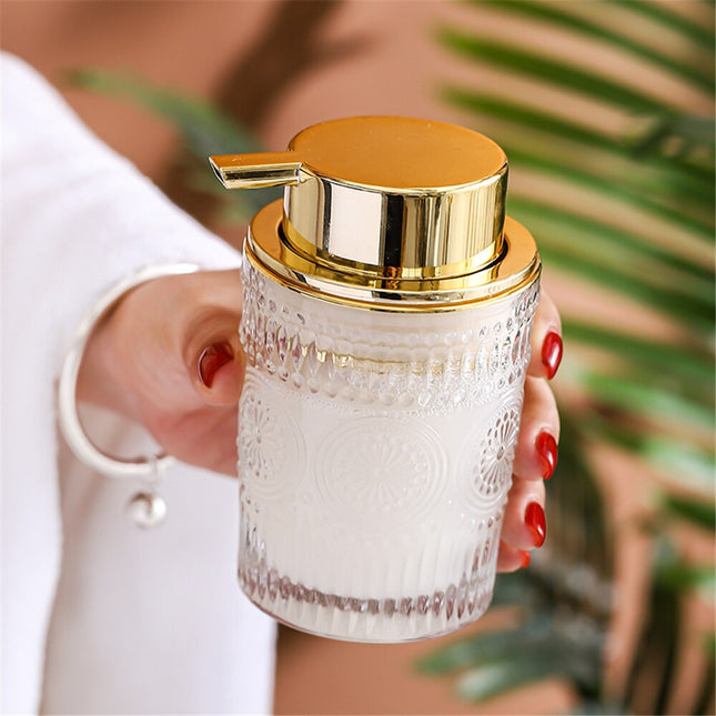 Design glas sæbedispenser med guldpumpe