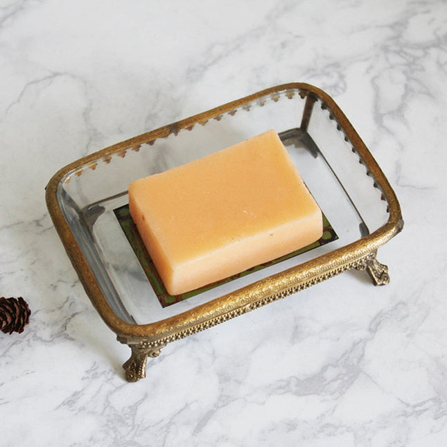 Elegant sæbeskål i glas og messing