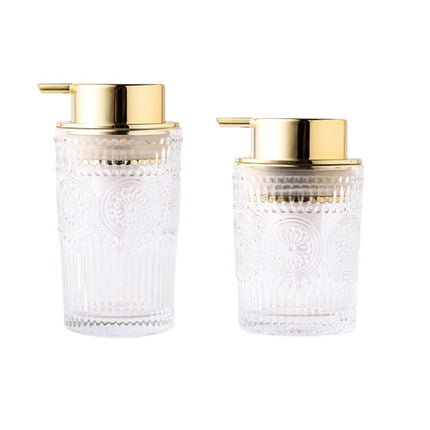 Design glas sæbedispenser med guldpumpe
