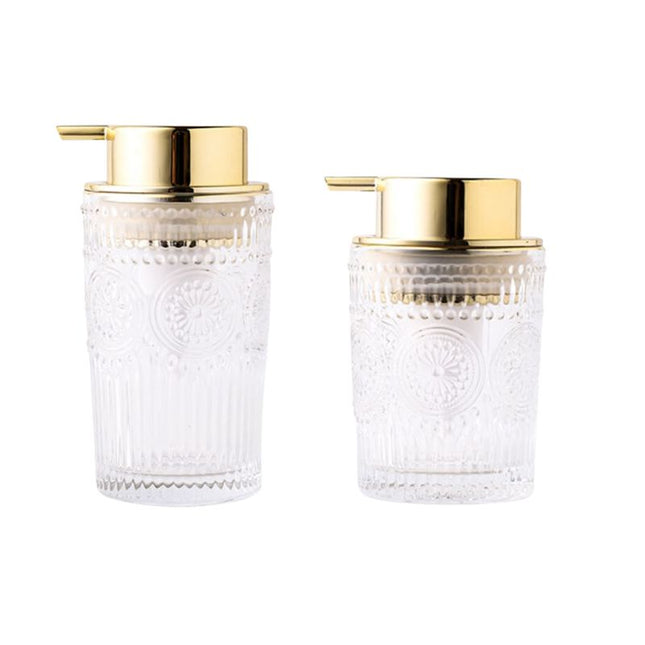 Design glas sæbedispenser med guldpumpe