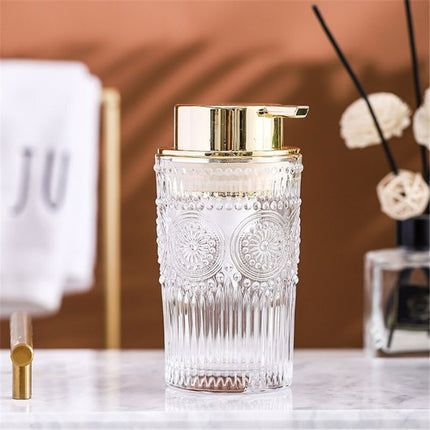 Design glas sæbedispenser med guldpumpe