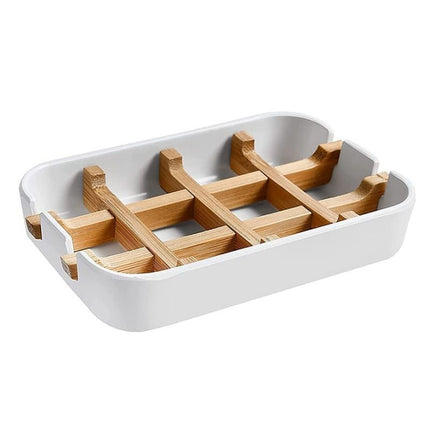 Hvid sæbeholder med bambusrist