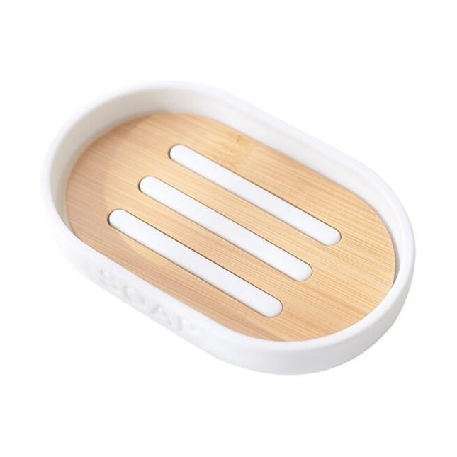 Hvid sæbeholder med bambus indsats