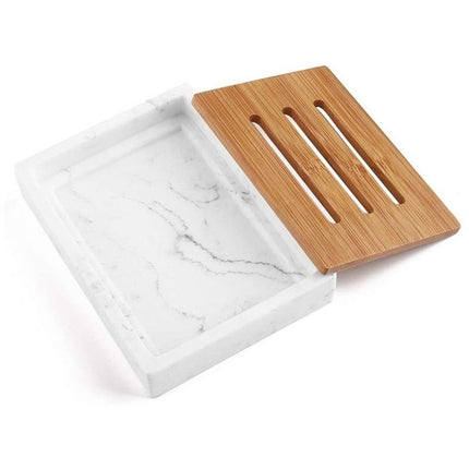 Sæbeskål i marmorlook med bambusrist