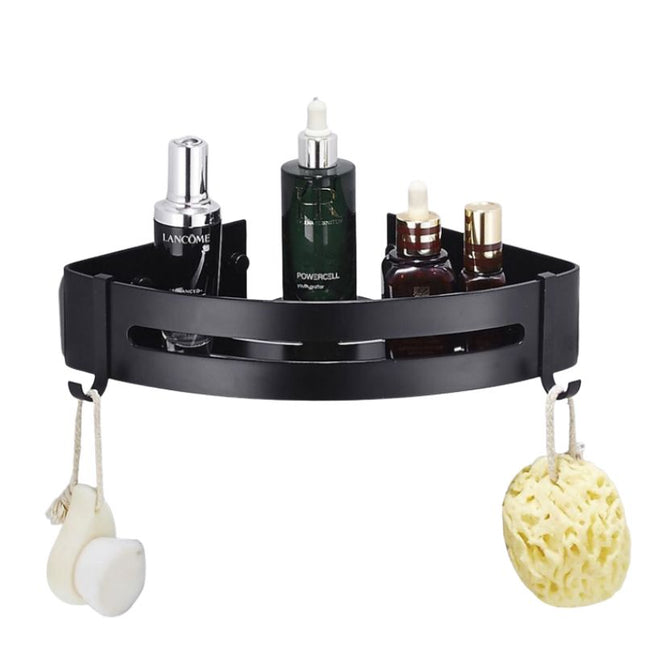 Sort hjørnehylde i metal til bruser